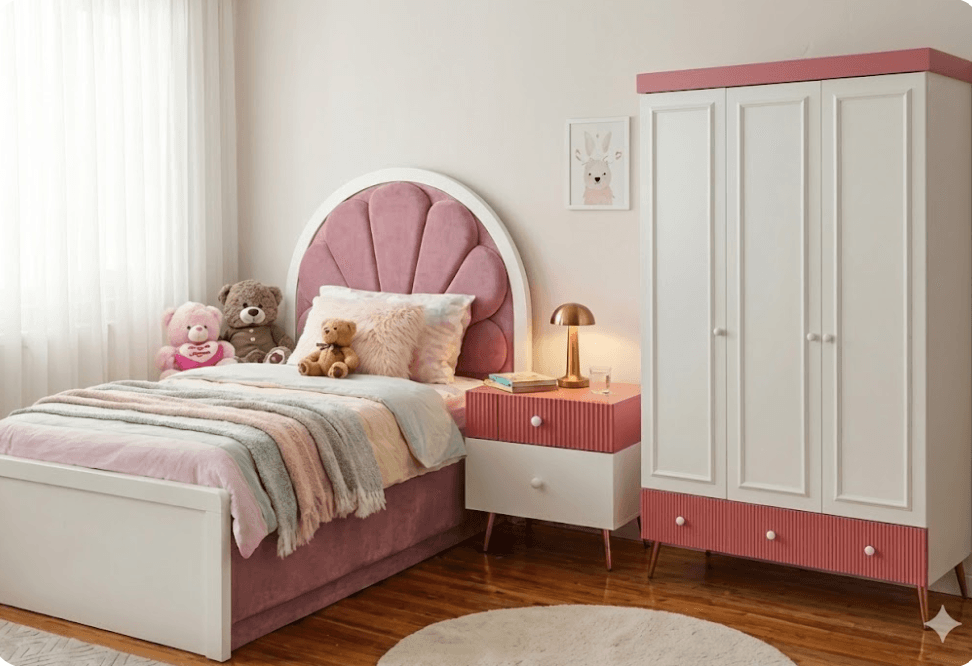 Gül Kurusu & Beyaz CNC İşlemeli Özel Tasarım Genç Odası Takımı - Görsel 1