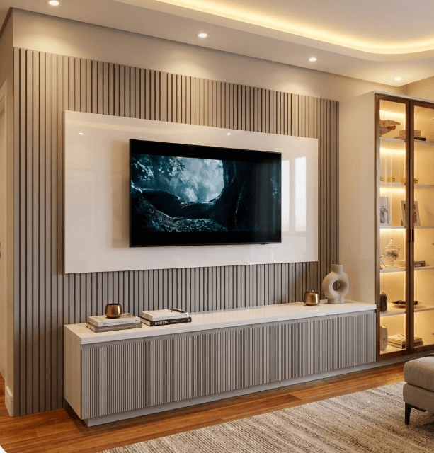 Dikey Çıtalı & Cam Vitrinli Modern TV Duvar Ünitesi - Görsel 1