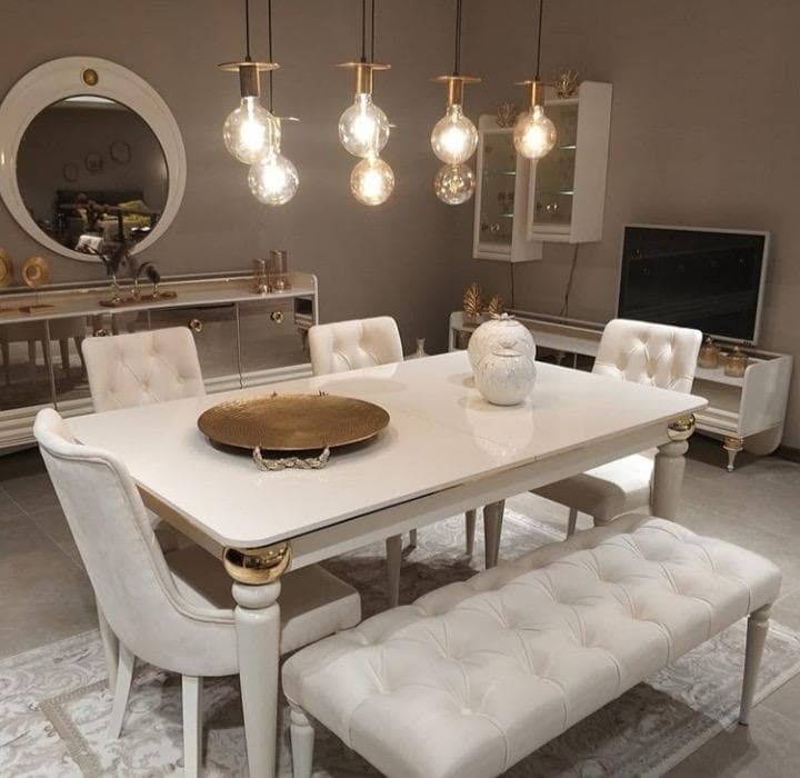 Lüks Beyaz & Gold Detaylı Kapitoneli Avangarde Yemek Odası Takımı (Masa, Sandalye ve Bench Set) - Görsel 1