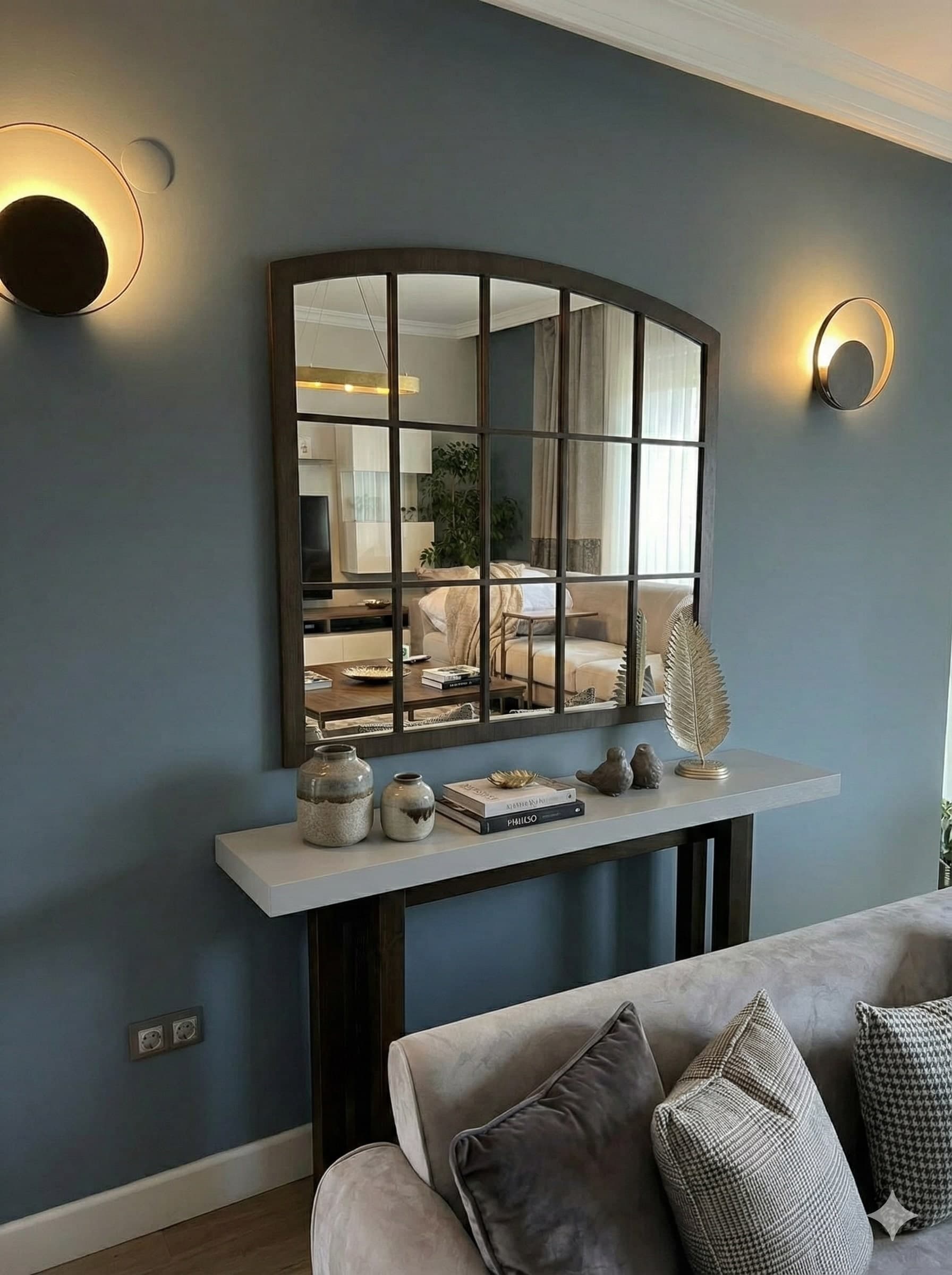 Rustik Kemerli Pencere Ayna ve Modern Gri Dresuar Takımı - Görsel 1