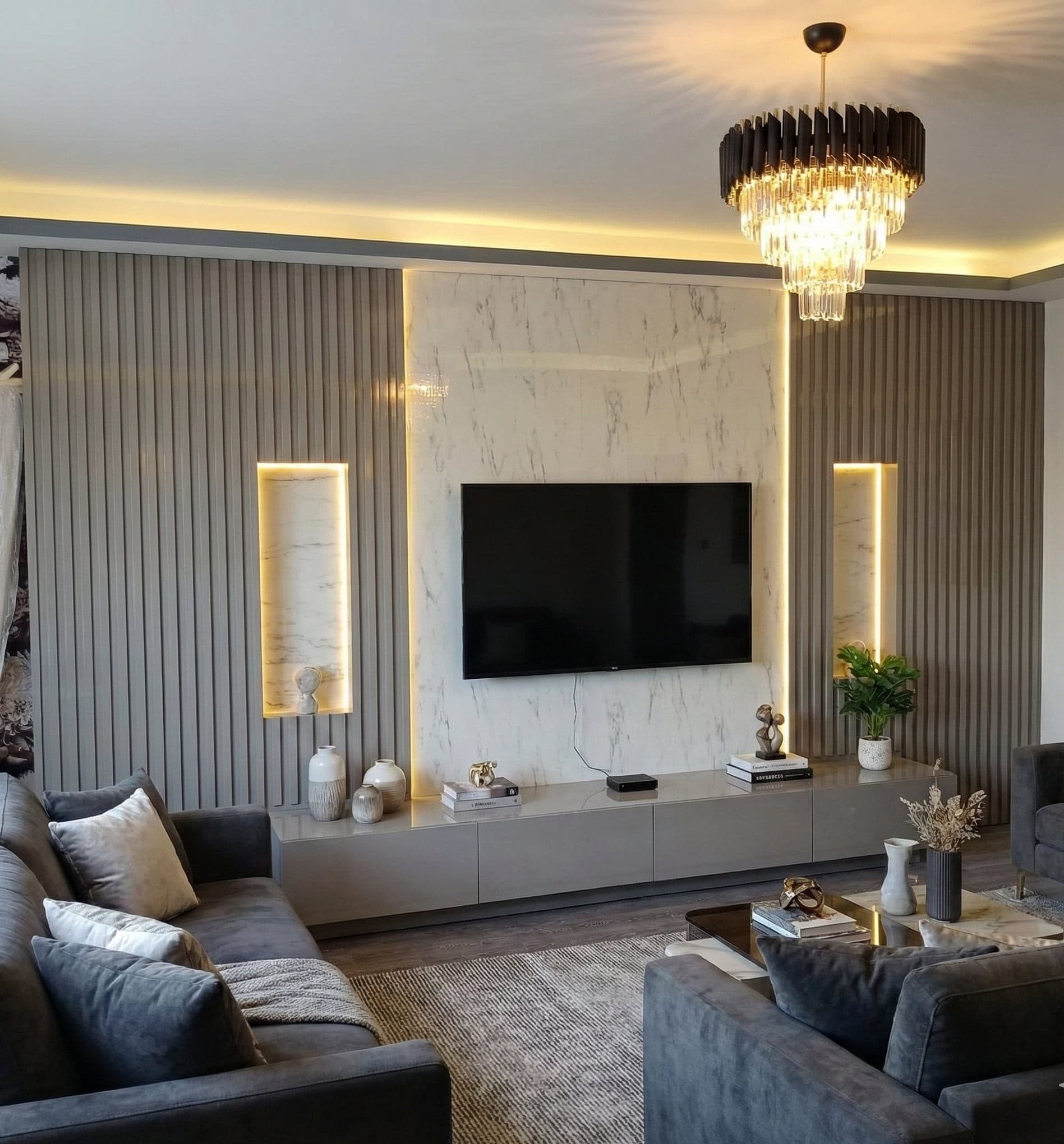 Prestige Serisi: Mermer Desenli & Led Işıklı TV Duvar Ünitesi - Görsel 1