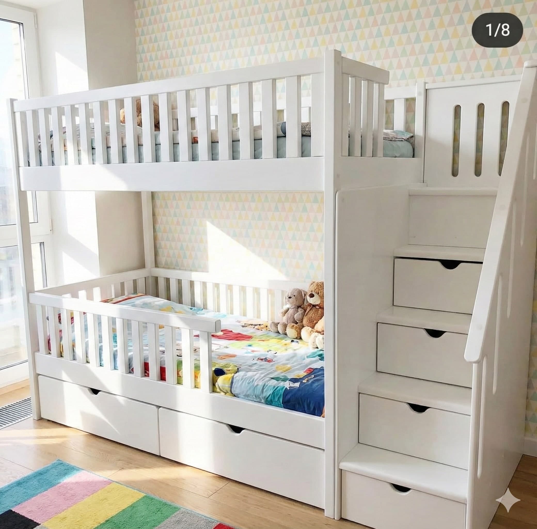 Beyaz Lake Merdivenli ve Çekmeceli Fonksiyonel Ranza - Görsel 1