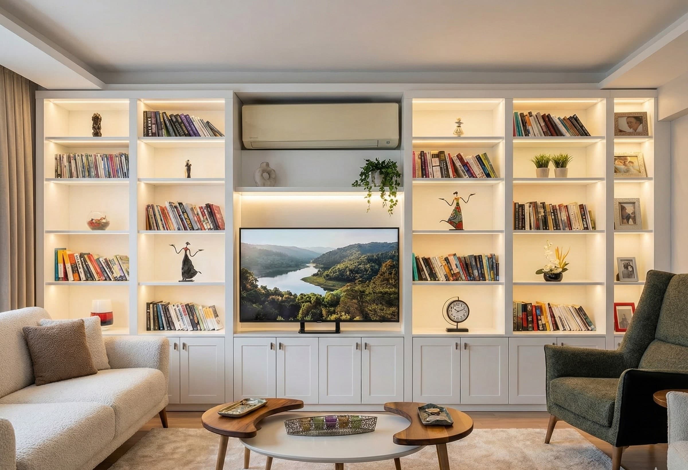 Modern Beyaz Lake Entegre Aydınlatmalı Duvar ve TV Ünitesi - Görsel 1