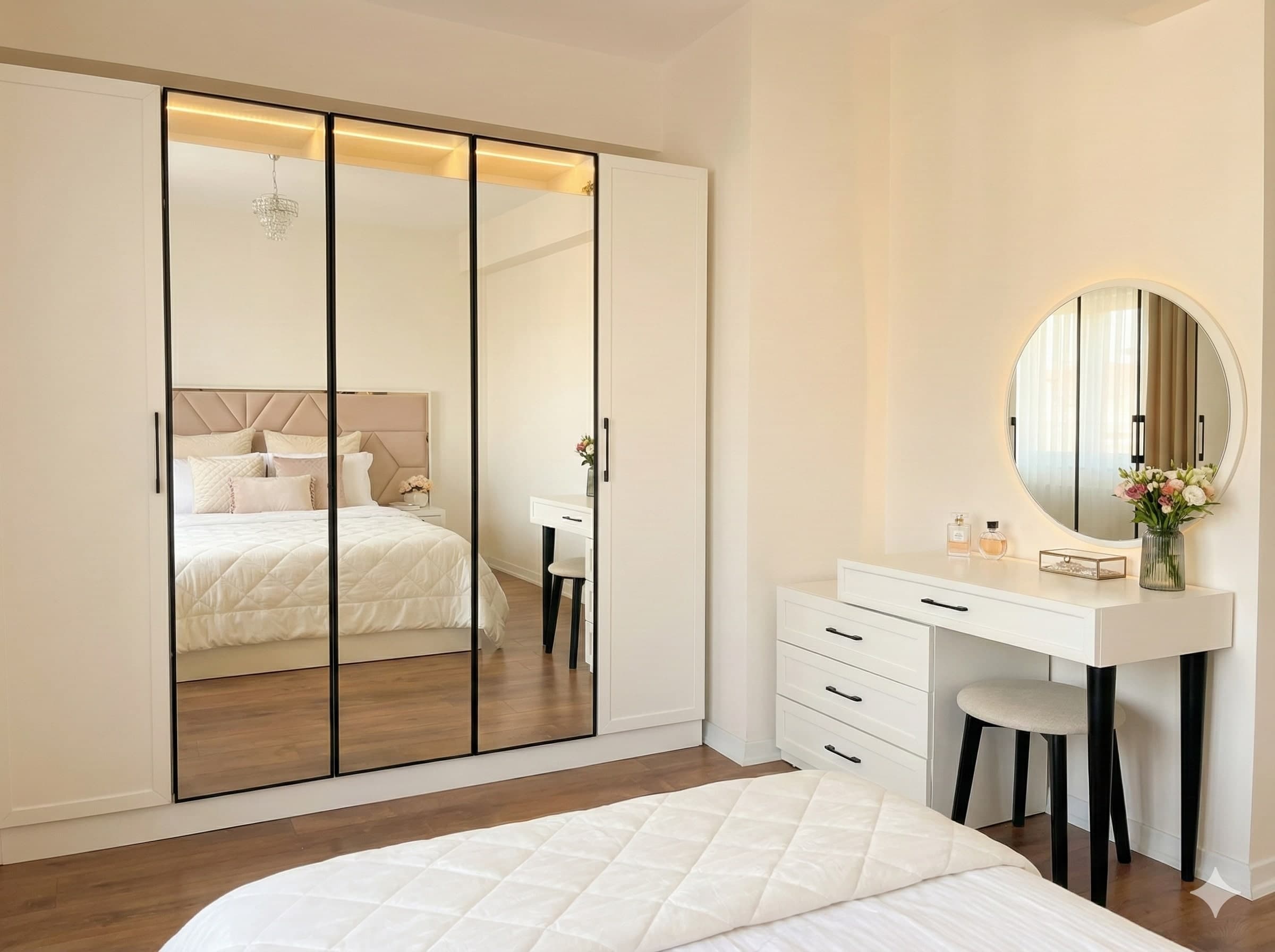 Modern Beyaz 5 Kapaklı Aynalı Gardırop ve Makyaj Masası Takımıı - Görsel 1