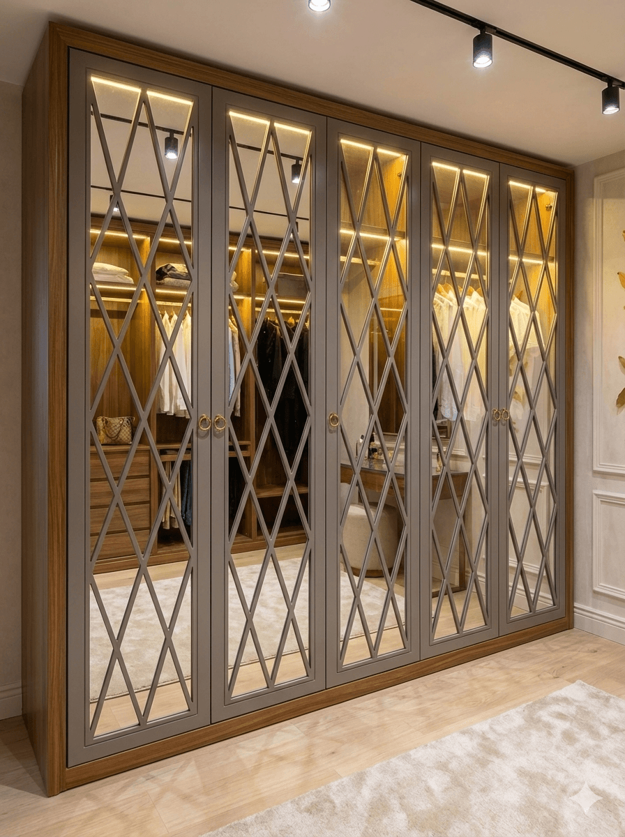 Lüks Baklava Desenli Aynalı ve Entegre LED Aydınlatmalı Ahşap Gardırop - Görsel 1