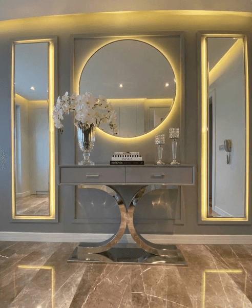 Lüks Krom Ayaklı Gri Lake Dresuar ve Entegre LED Işıklı Üçlü Ayna Takımı - Görsel 1