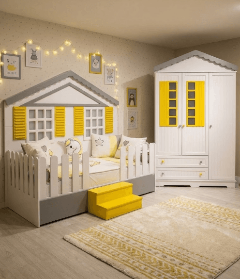 Ev Temalı Sarı & Beyaz Montessori Çocuk Odası Takımı - Görsel 1